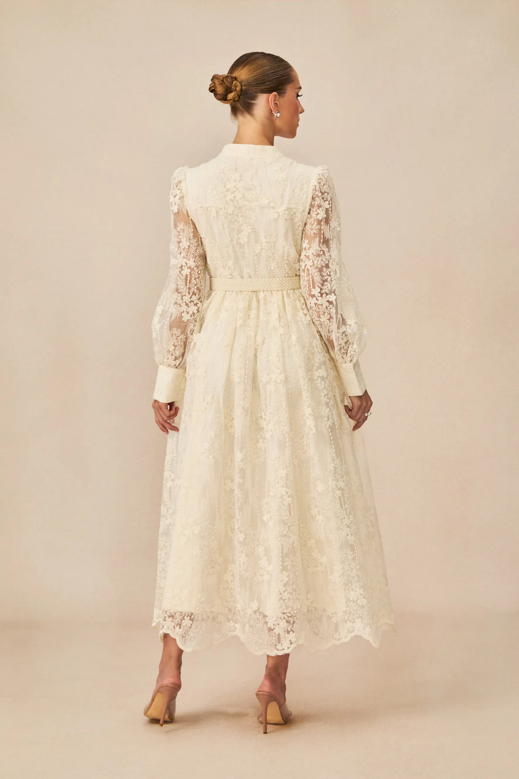 Elena Lace Embroidered Buttoned Maxi Dress-White