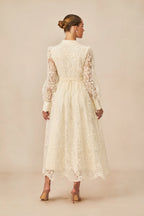 Elena Lace Embroidered Buttoned Maxi Dress-White
