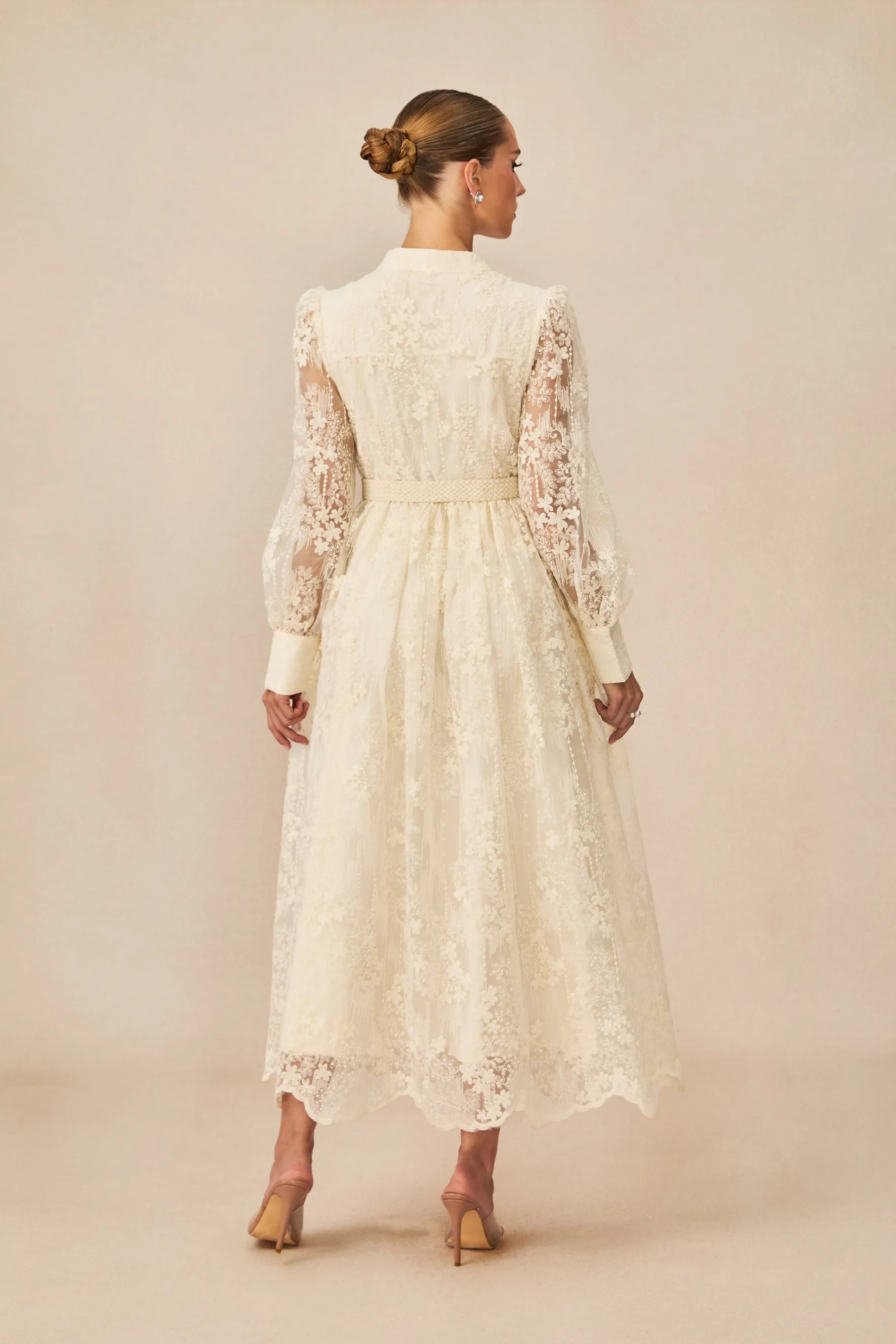 Elena Lace Embroidered Buttoned Maxi Dress-White