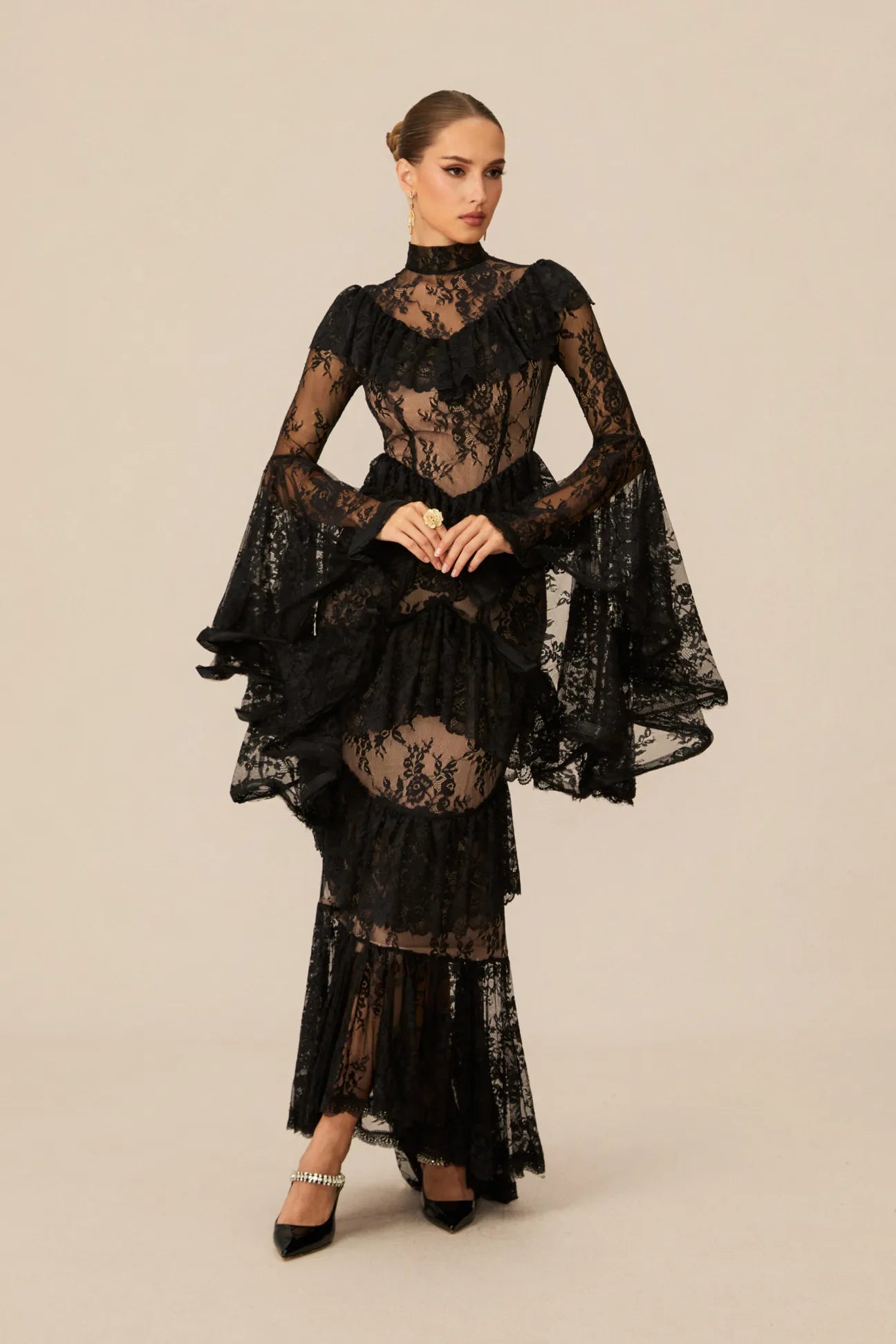 Coveie Lace Ruffle Maxi Dress - Black