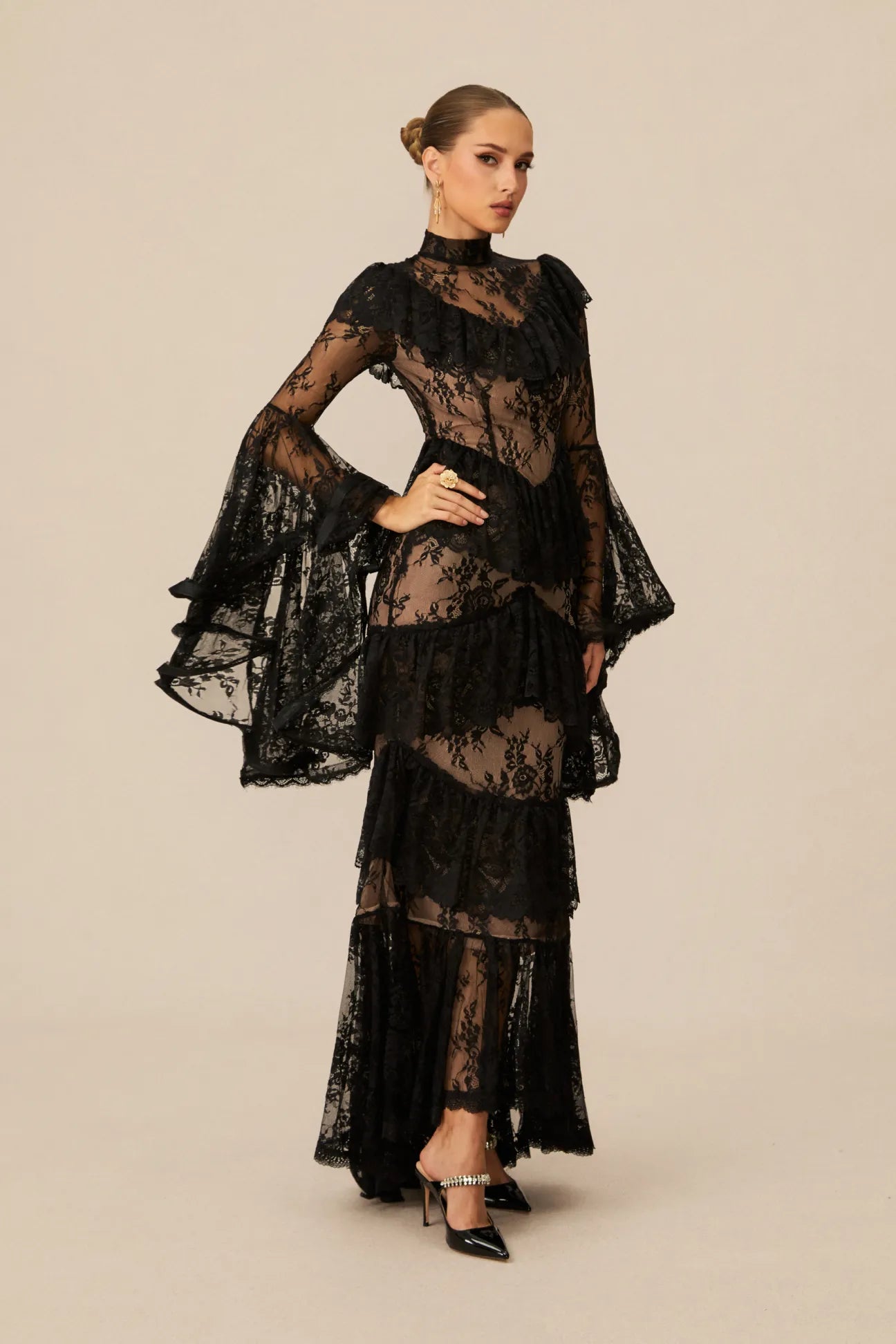 Coveie Lace Ruffle Maxi Dress - Black