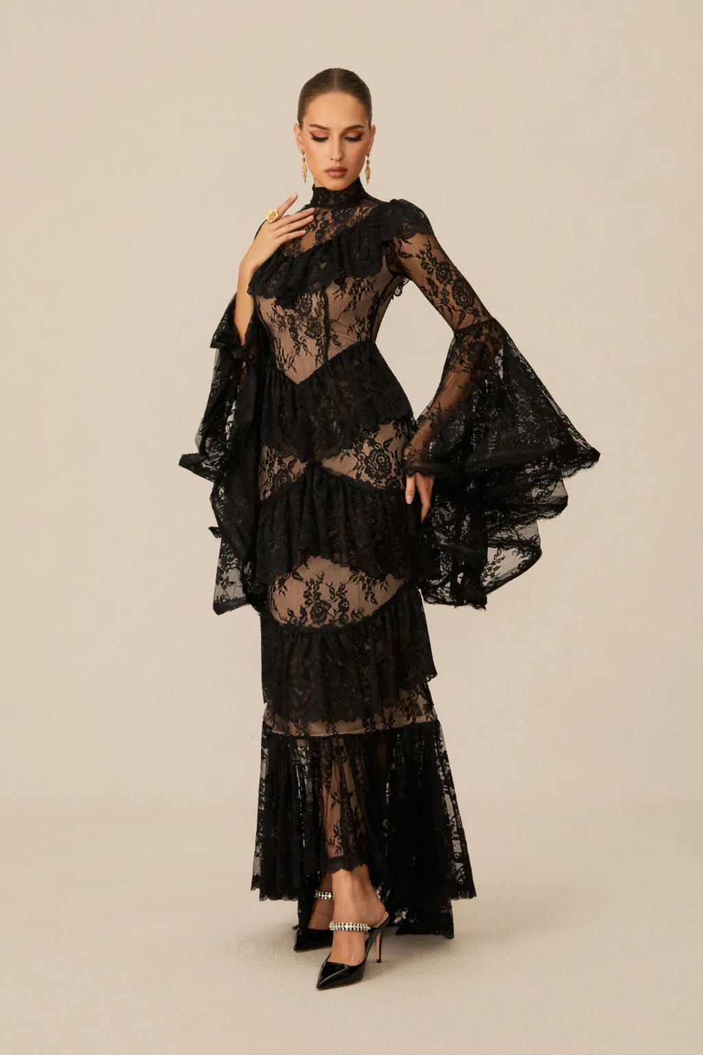 Coveie Lace Ruffle Maxi Dress - Black
