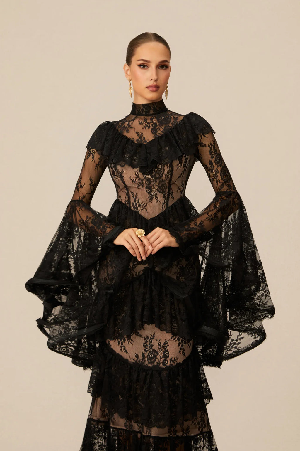 Coveie Lace Ruffle Maxi Dress - Black