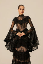 Coveie Lace Ruffle Maxi Dress - Black