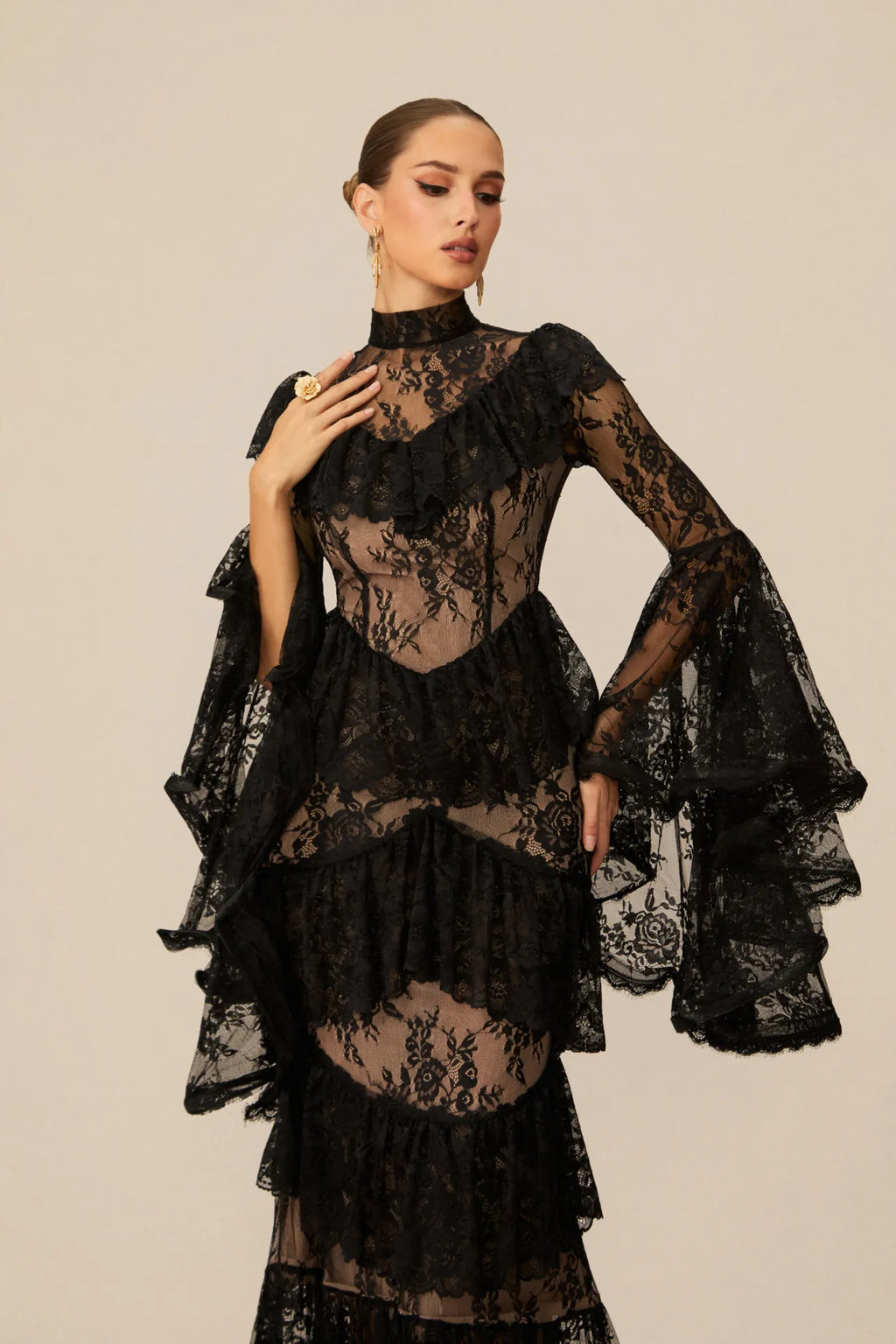 Coveie Lace Ruffle Maxi Dress - Black