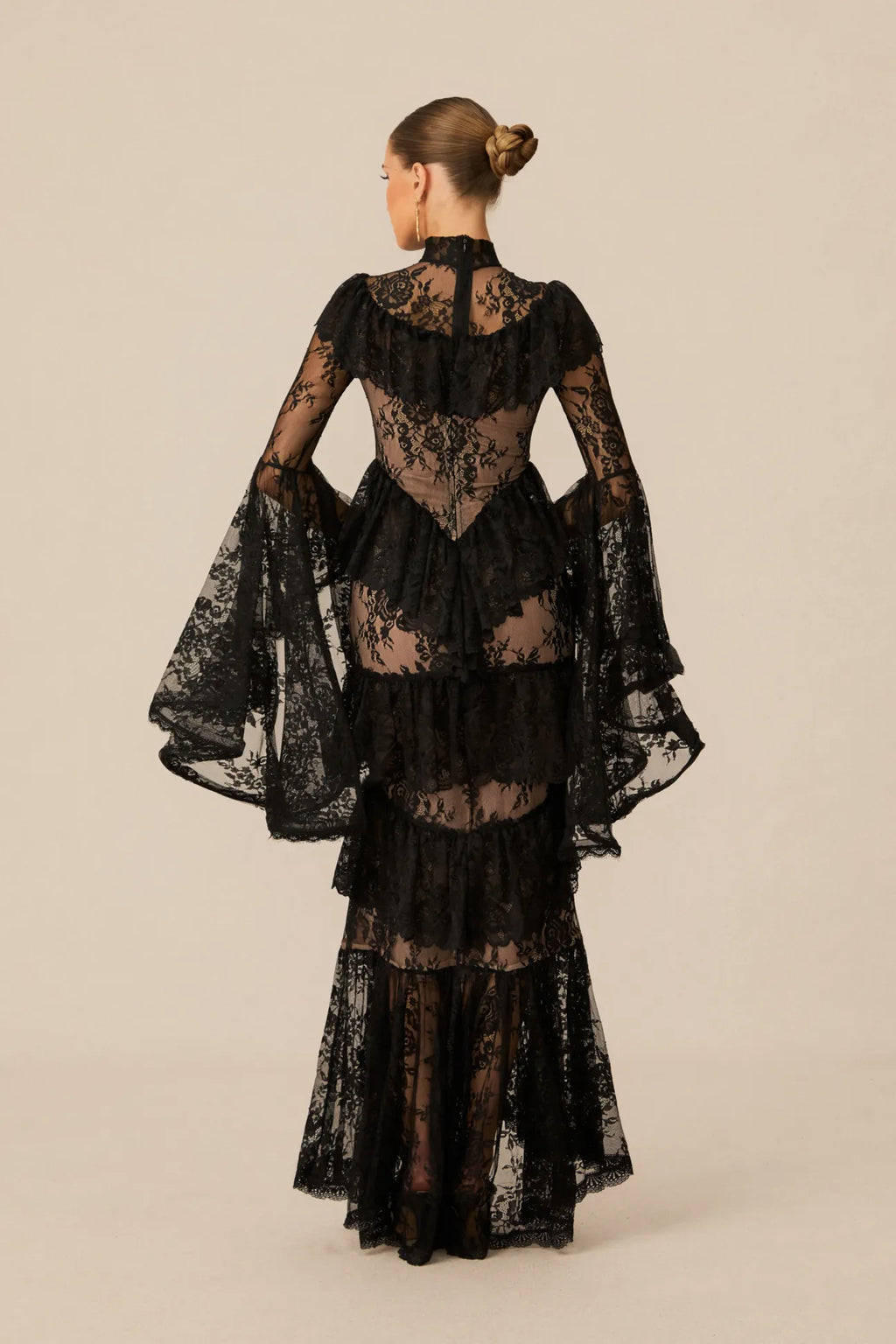 Coveie Lace Ruffle Maxi Dress - Black