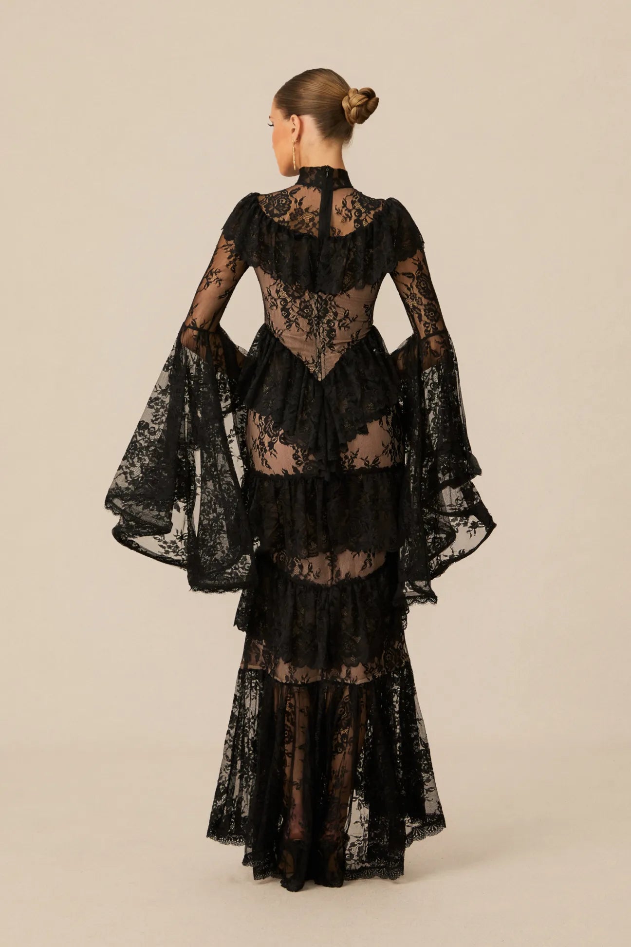 Coveie Lace Ruffle Maxi Dress - Black