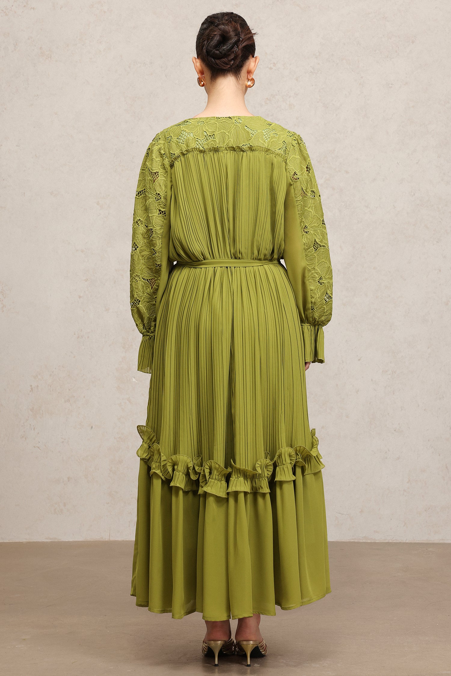 Gaki Long Sleeves Folds Flowers Maxi Dress	
