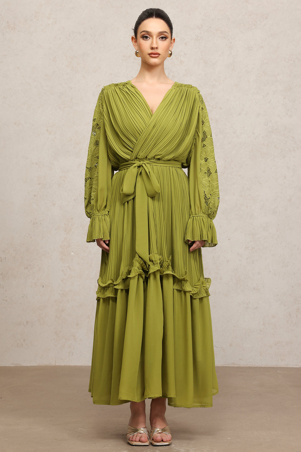 Gaki Long Sleeves Folds Flowers Maxi Dress	