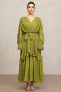 Gaki Long Sleeves Folds Flowers Maxi Dress	