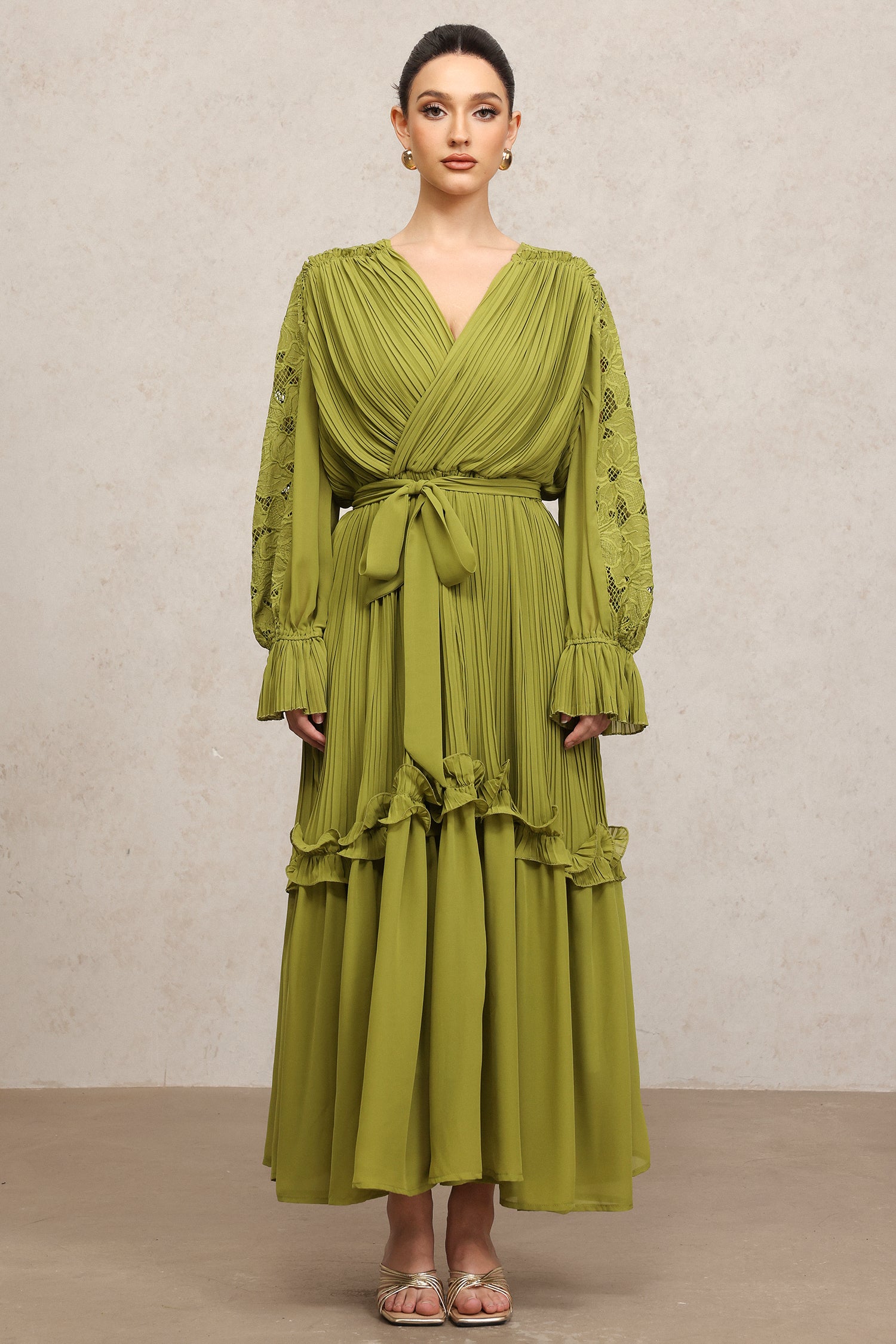 Gaki Long Sleeves Folds Flowers Maxi Dress	