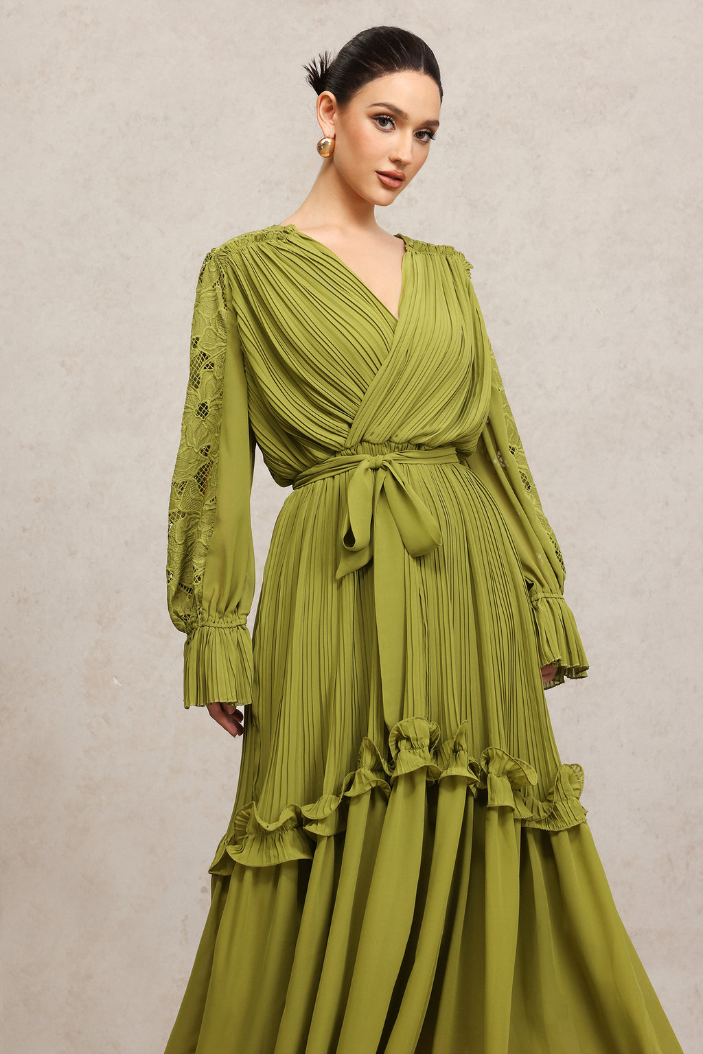 Gaki Long Sleeves Folds Flowers Maxi Dress	