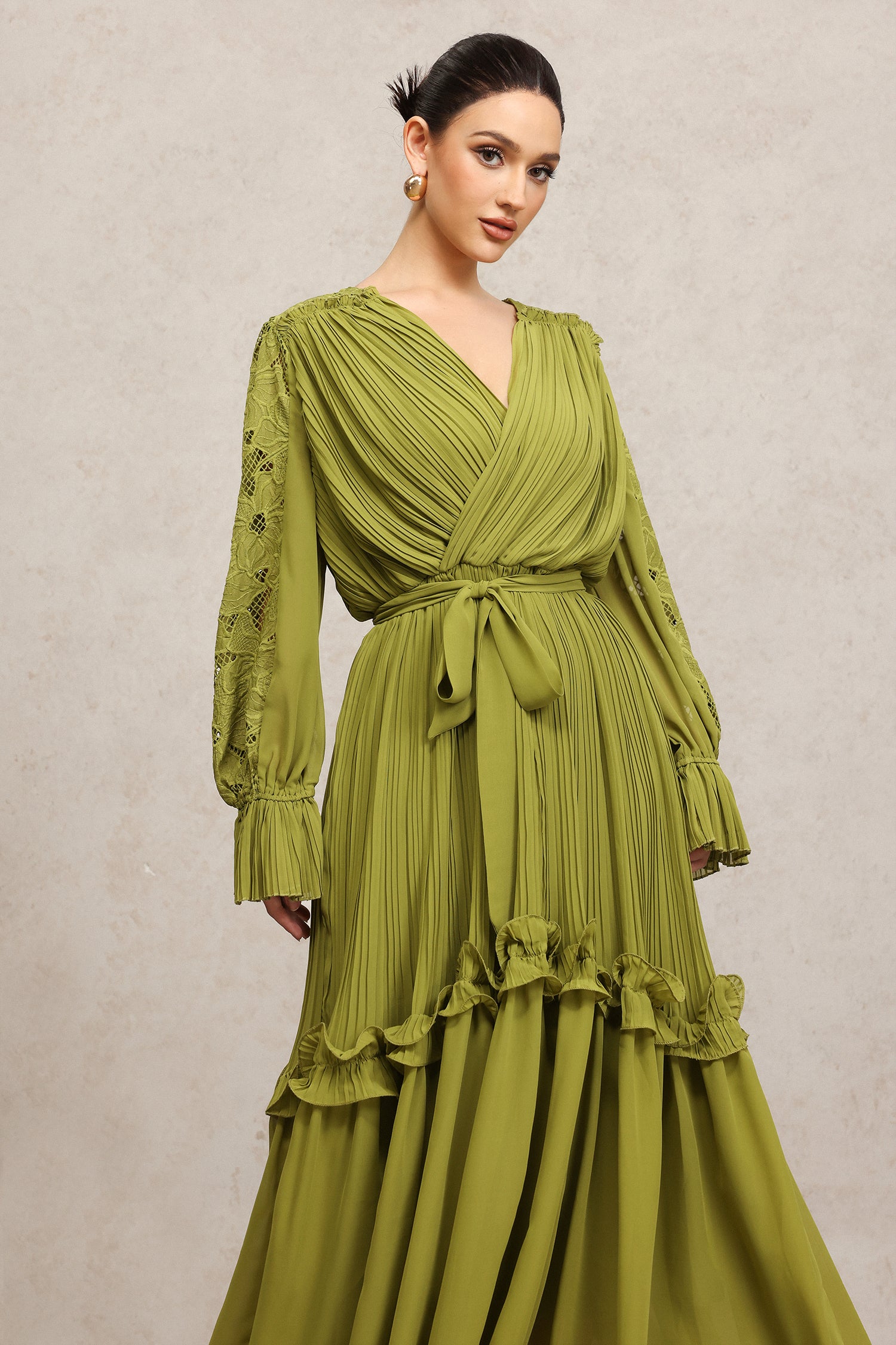 Gaki Long Sleeves Folds Flowers Maxi Dress	