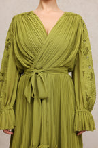 Gaki Long Sleeves Folds Flowers Maxi Dress	
