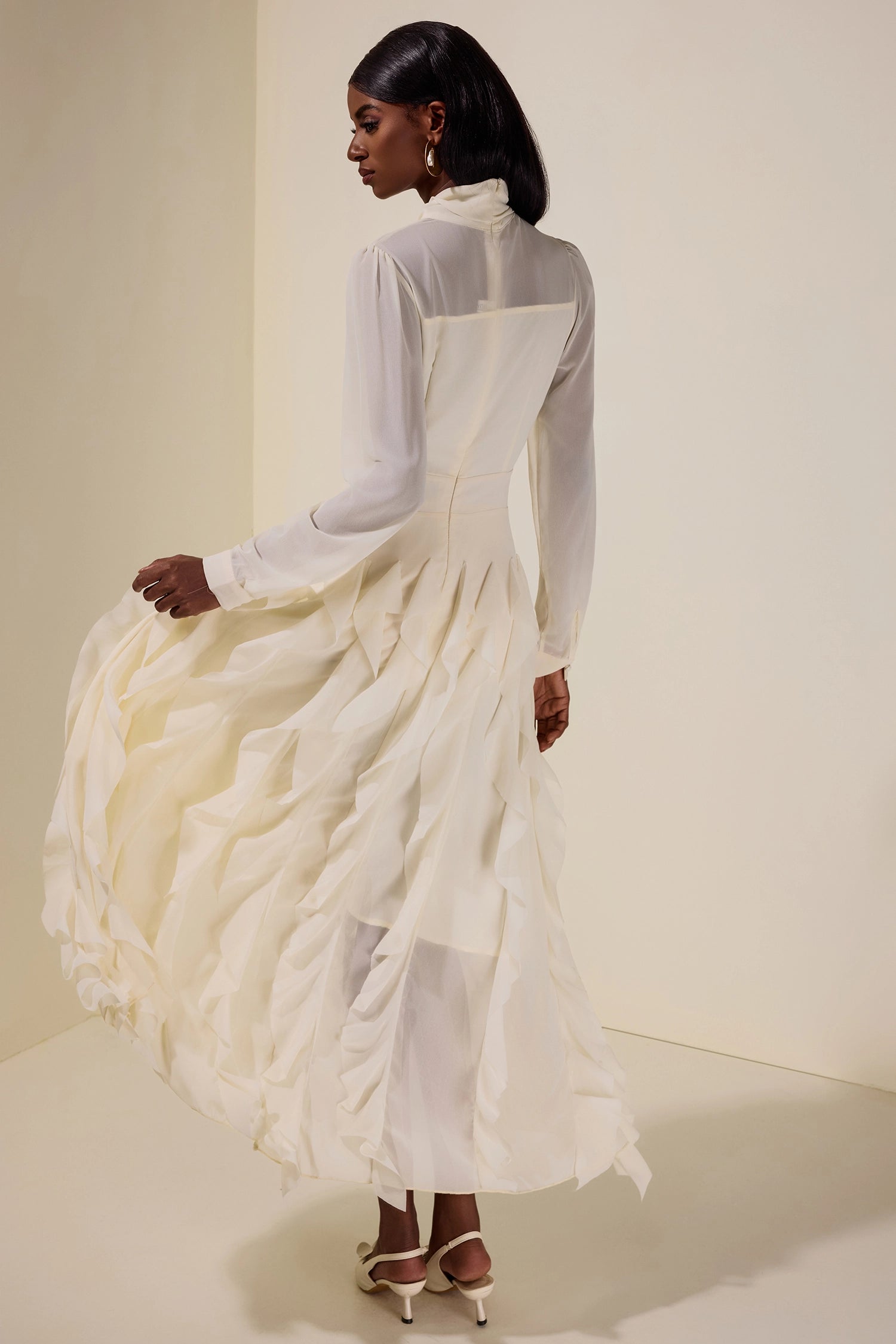 Serena Bow Neck Ruffle Midi Gown-White