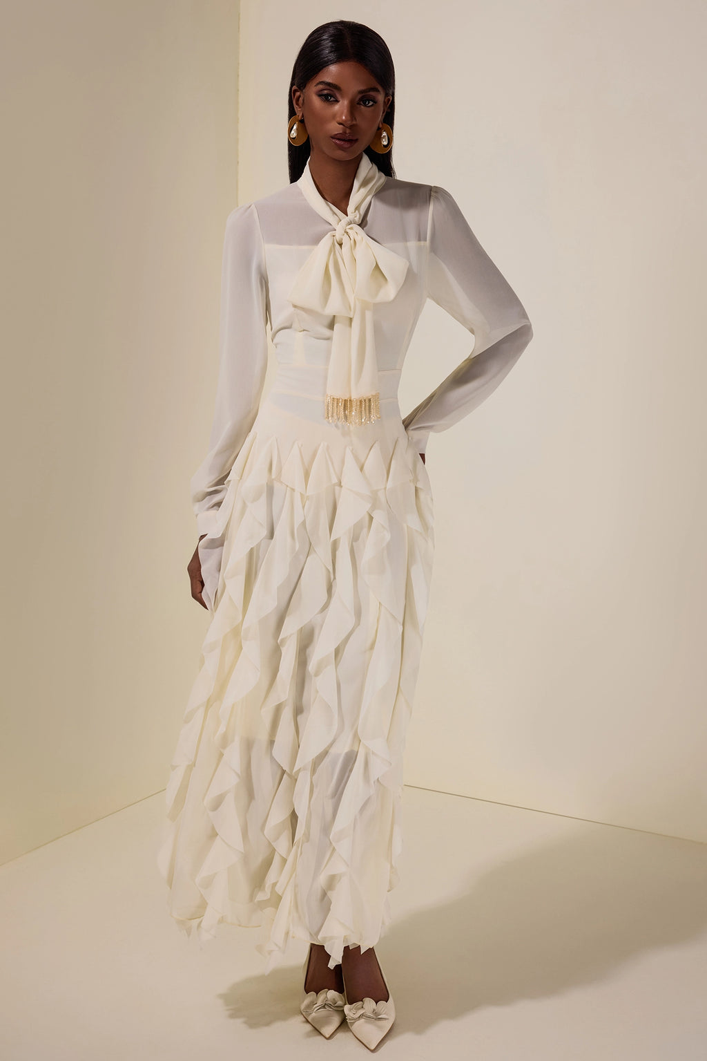 Serena Bow Neck Ruffle Midi Gown-White