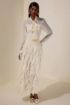 Serena Bow Neck Ruffle Midi Gown-White