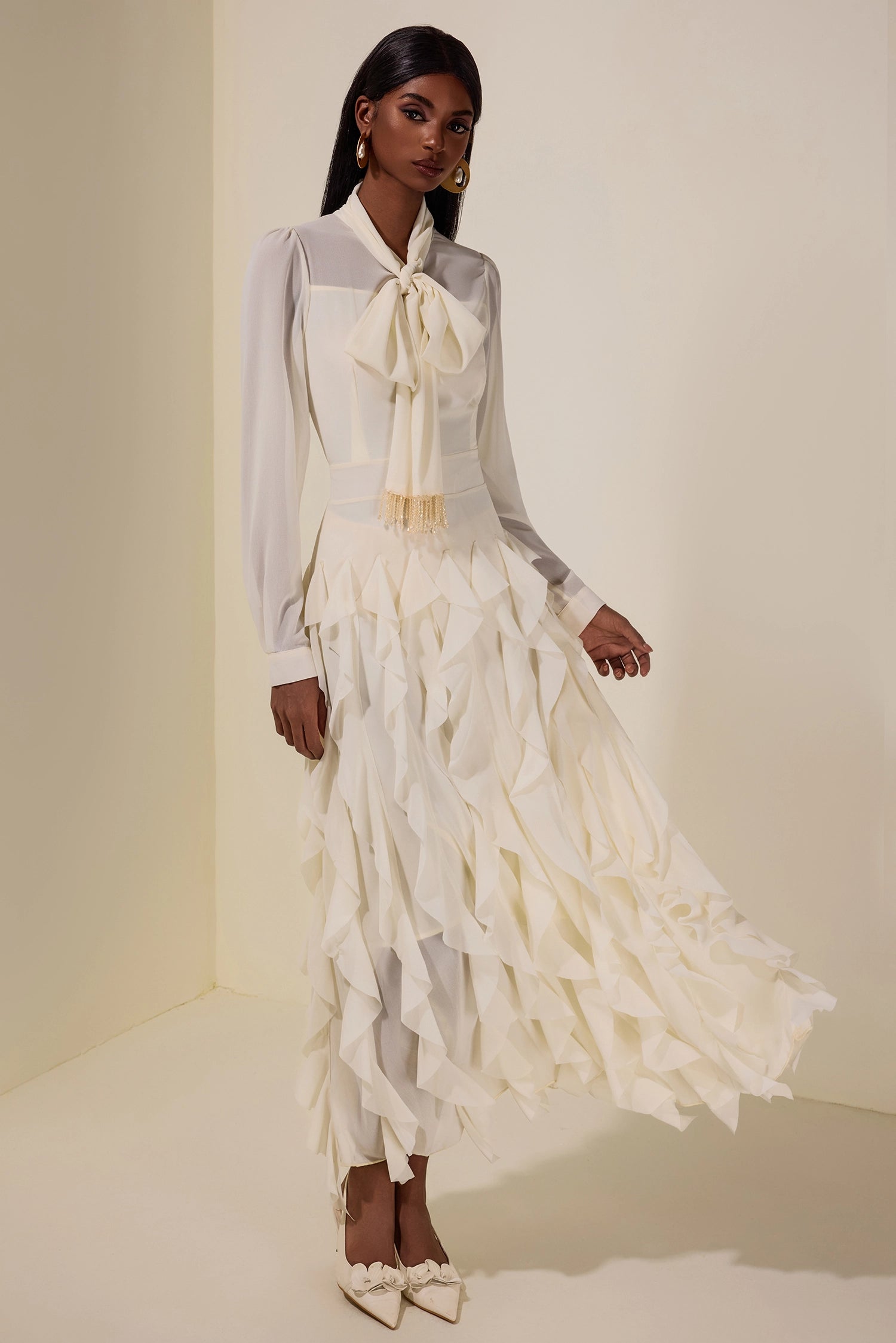Serena Bow Neck Ruffle Midi Gown-White