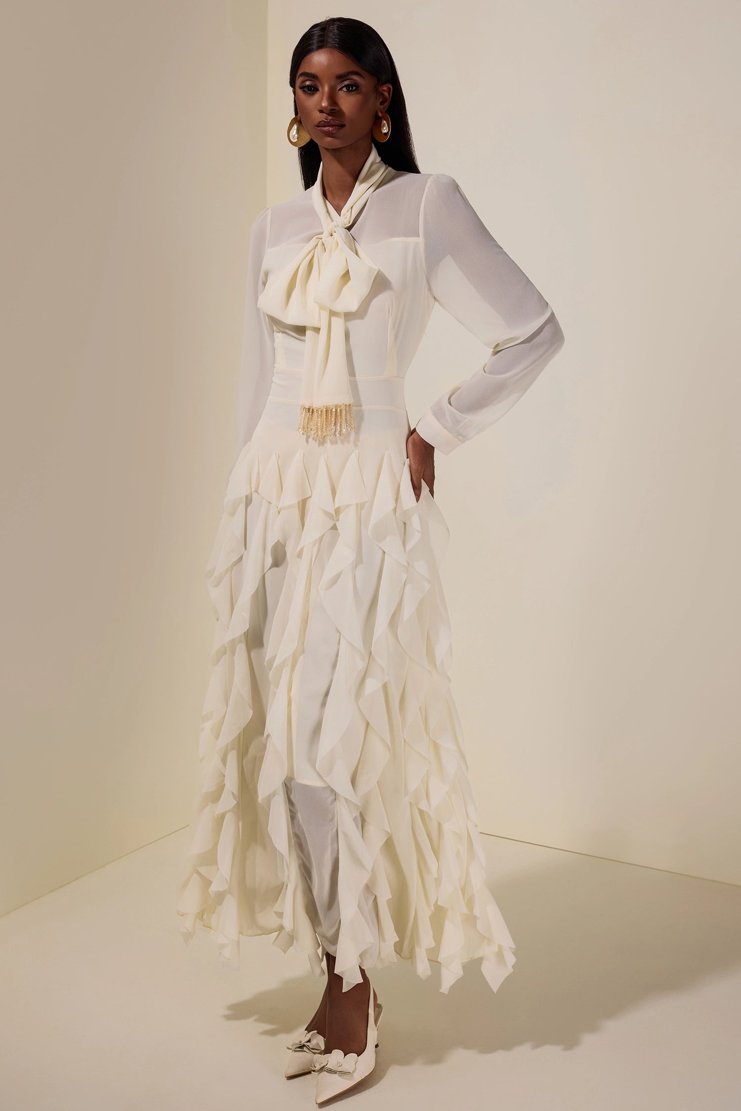 Serena Bow Neck Ruffle Midi Gown-White