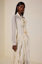 Serena Bow Neck Ruffle Midi Gown-White