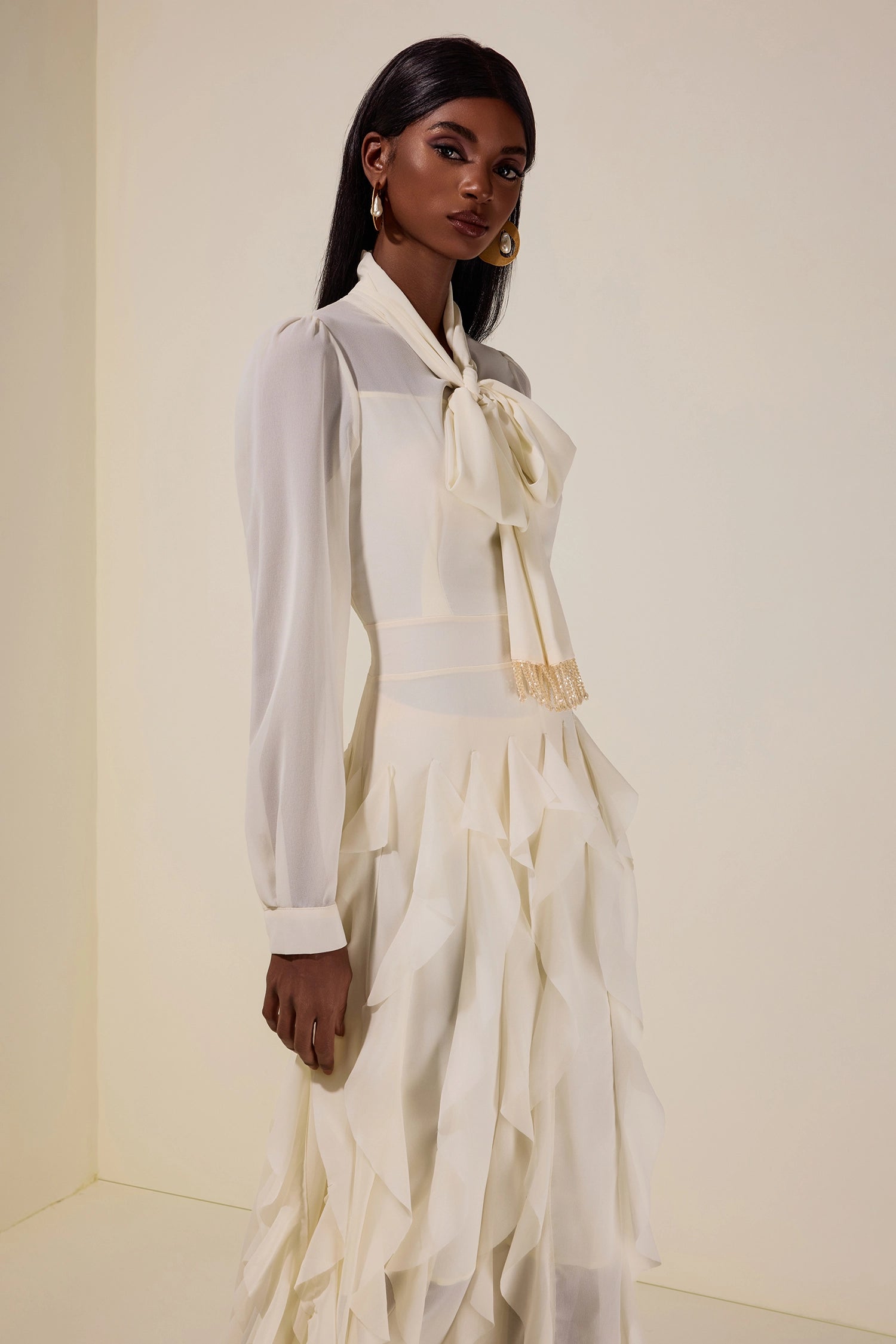Serena Bow Neck Ruffle Midi Gown-White