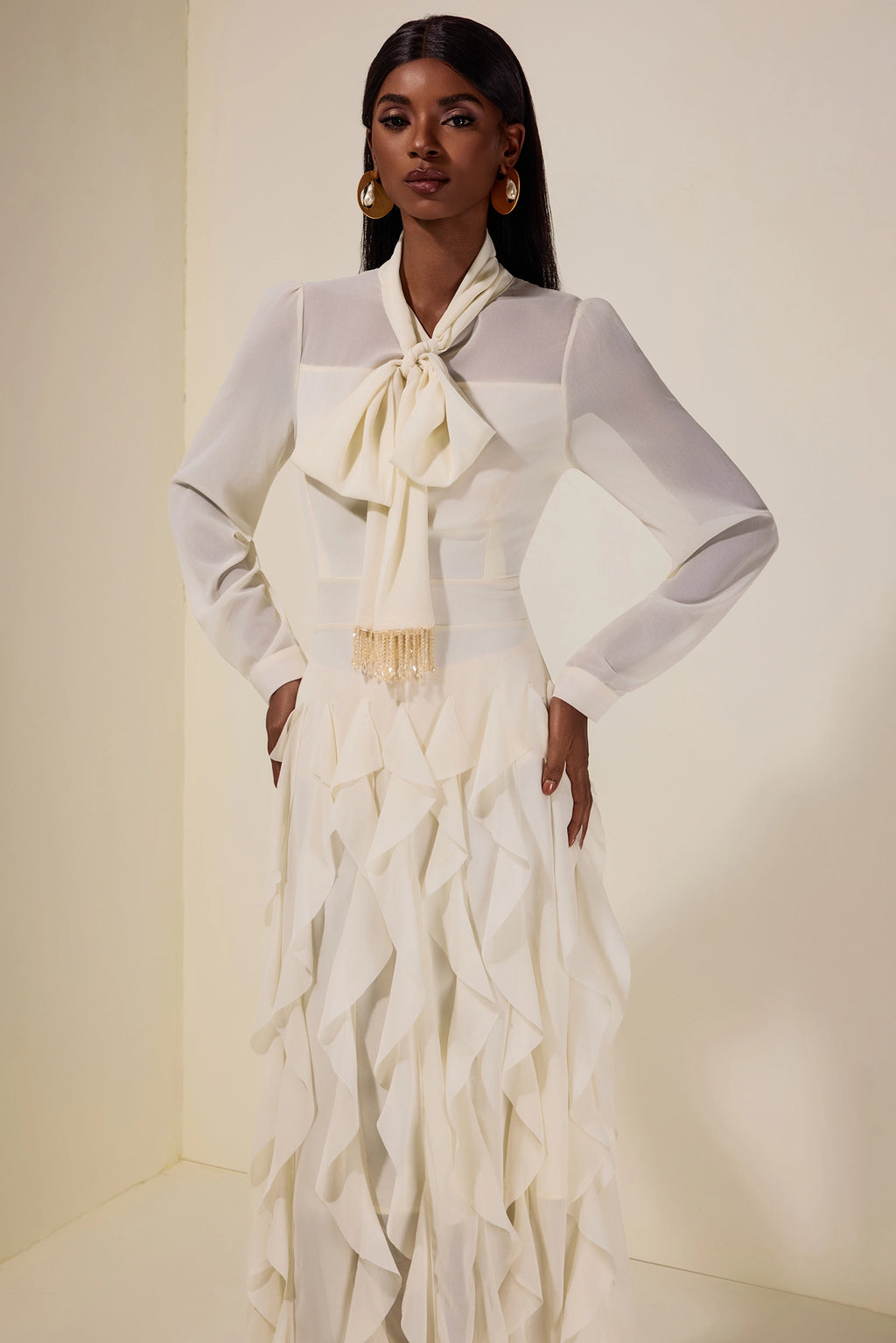 Serena Bow Neck Ruffle Midi Gown-White