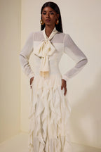 Serena Bow Neck Ruffle Midi Gown-White