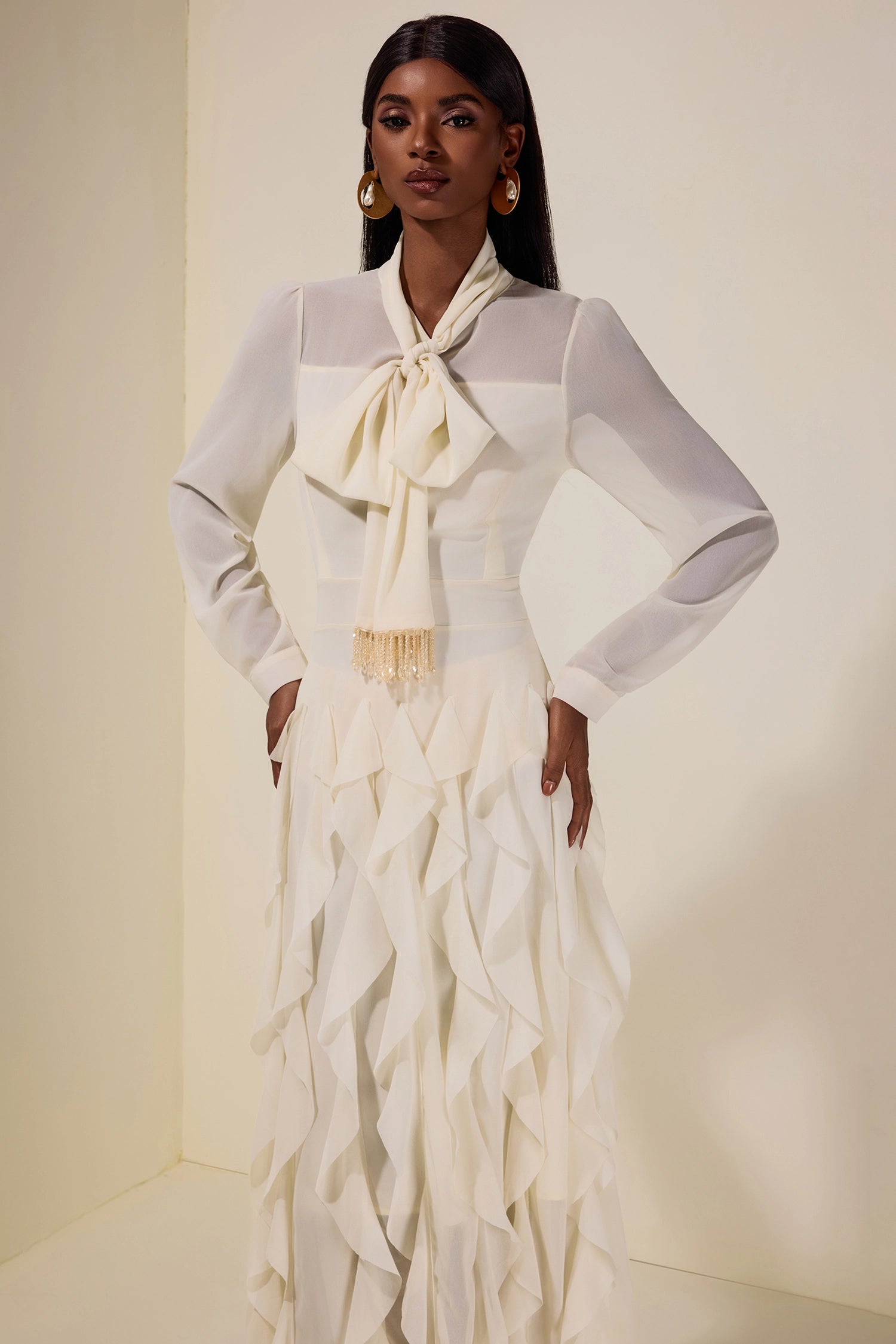 Serena Bow Neck Ruffle Midi Gown-White