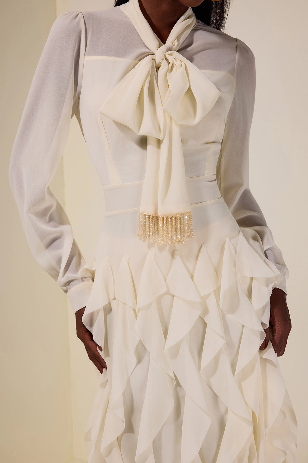 Serena Bow Neck Ruffle Midi Gown-White