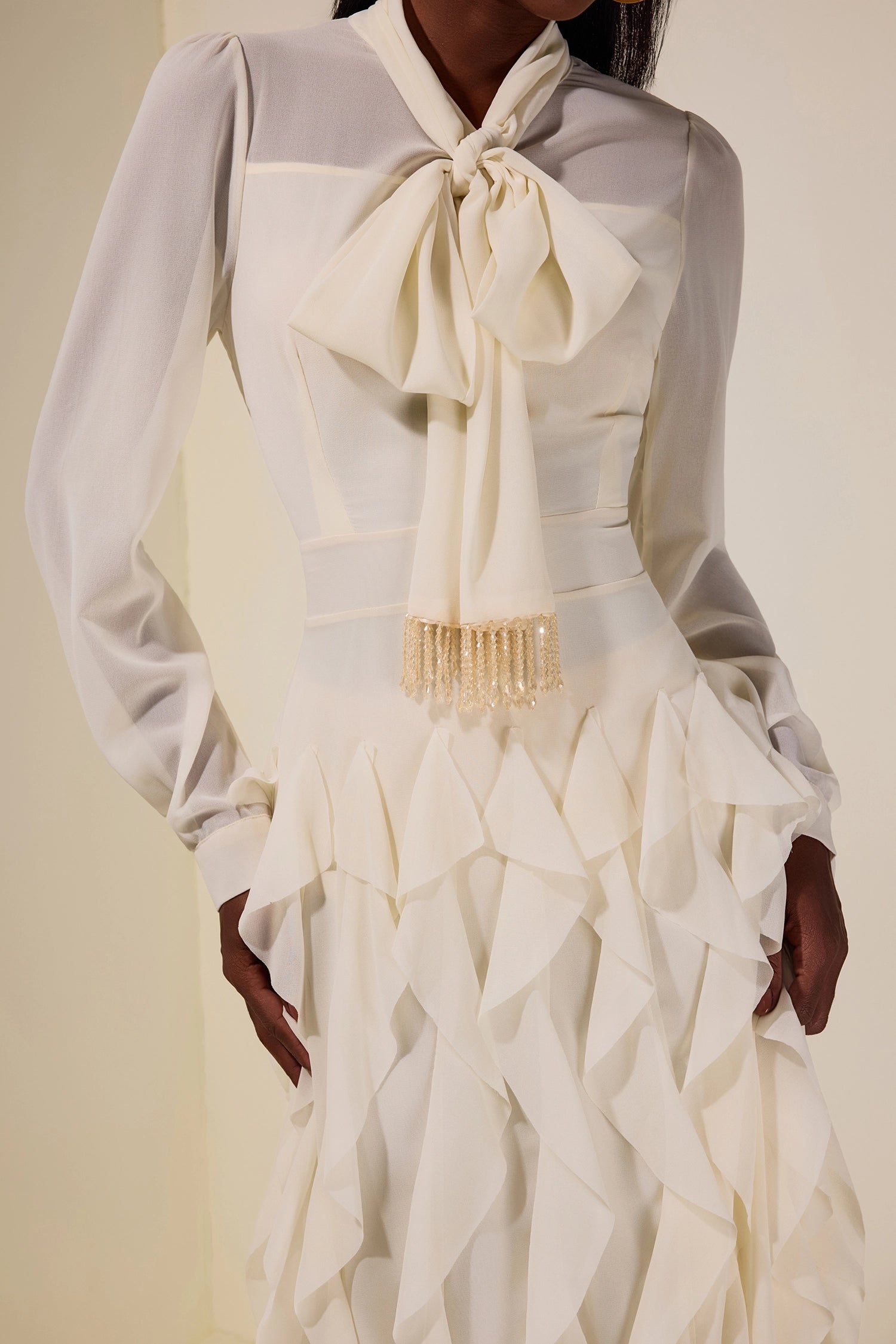 Serena Bow Neck Ruffle Midi Gown-White