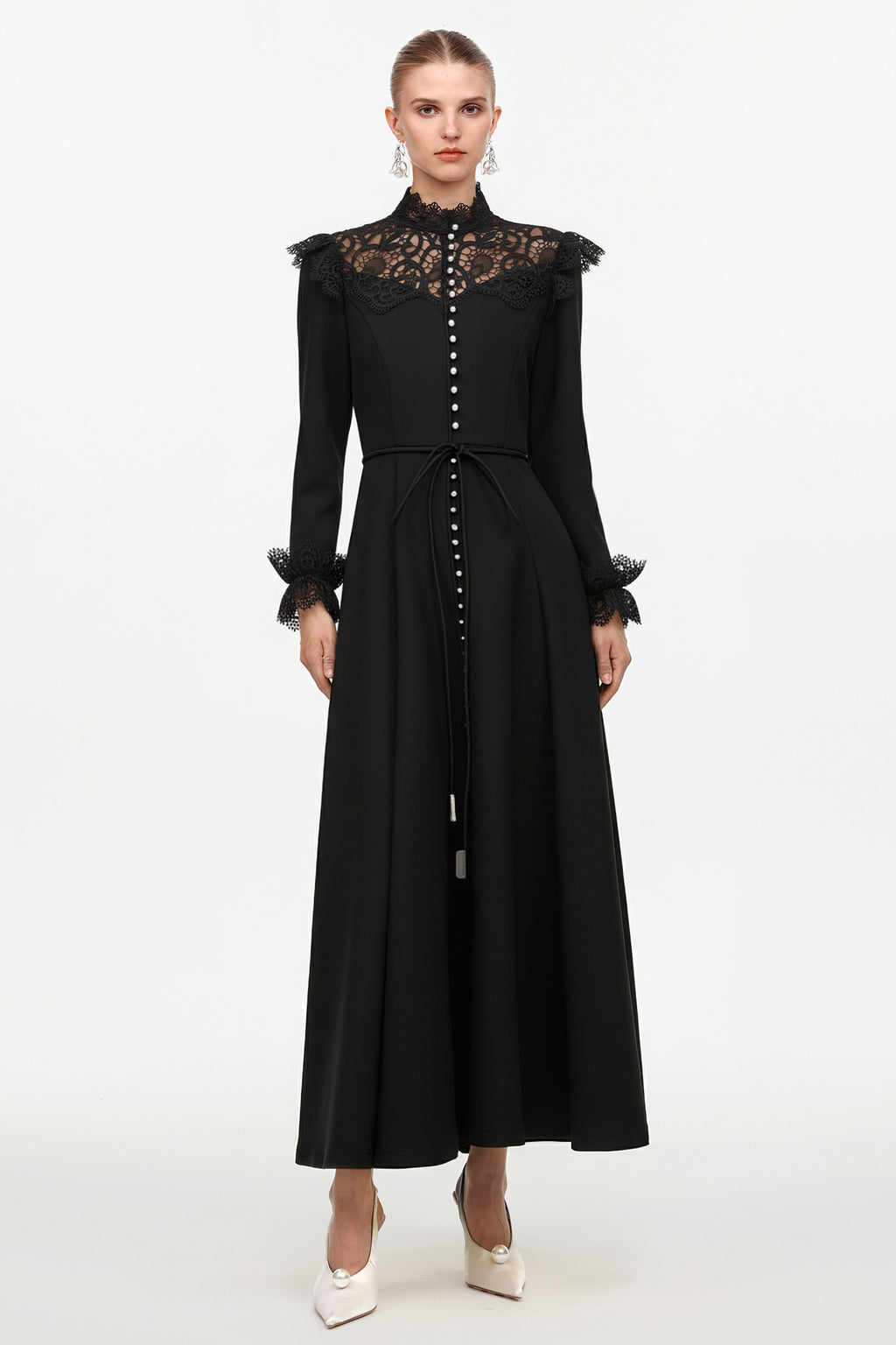 Eudora Romantic Flowy Long Sleeve Lace Woven Black Maxi Dress	