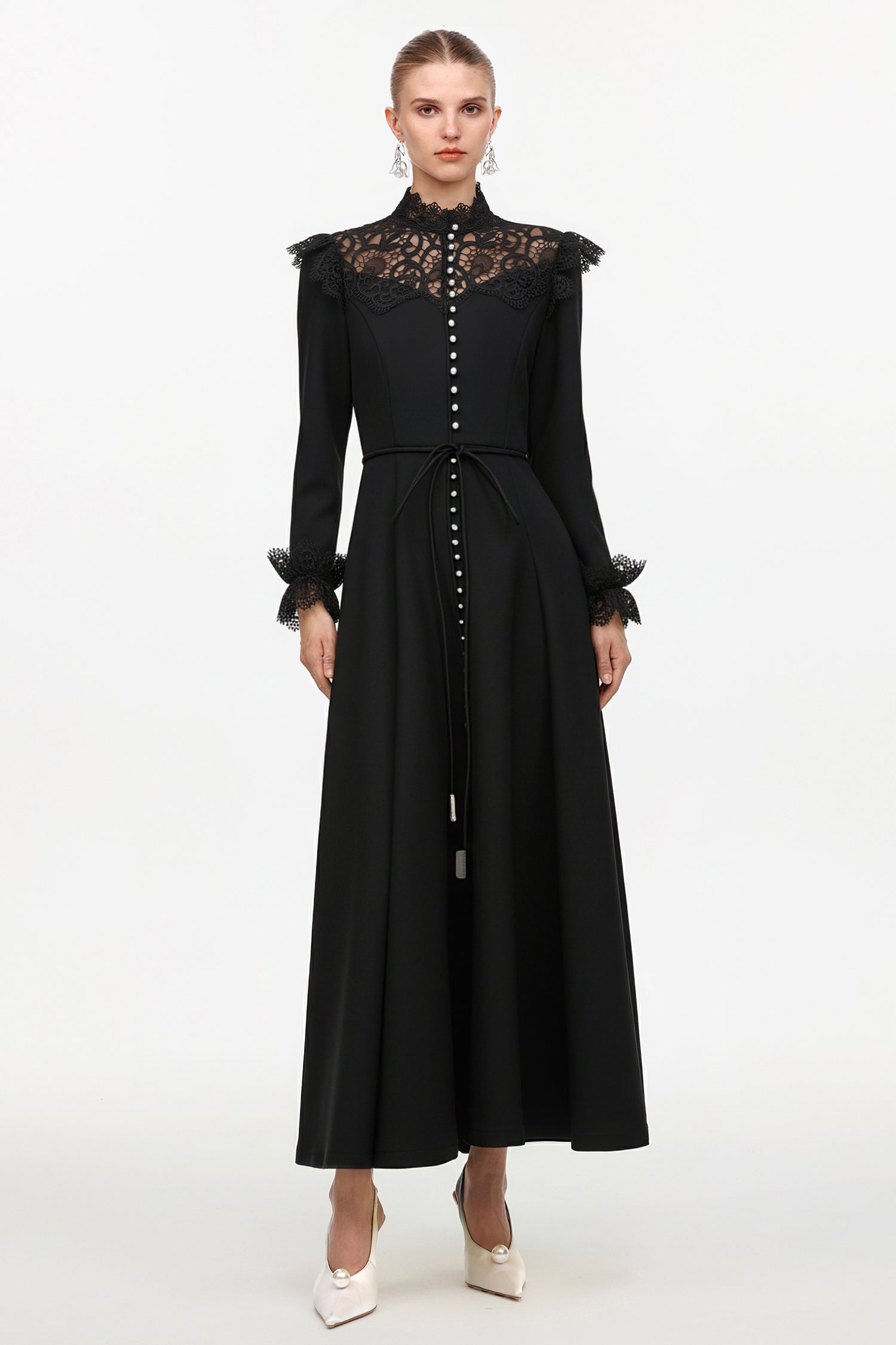 Eudora Romantic Flowy Long Sleeve Lace Woven Black Maxi Dress	