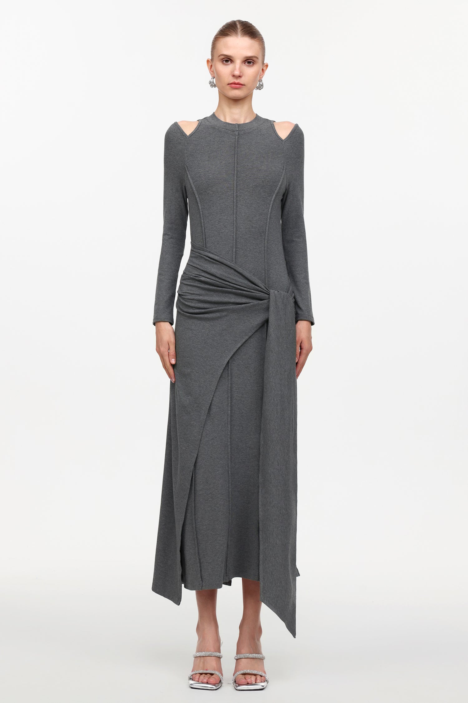 Silas Chic Contour Cut Out Long Sleeve Knot Knit Maxi Dress	