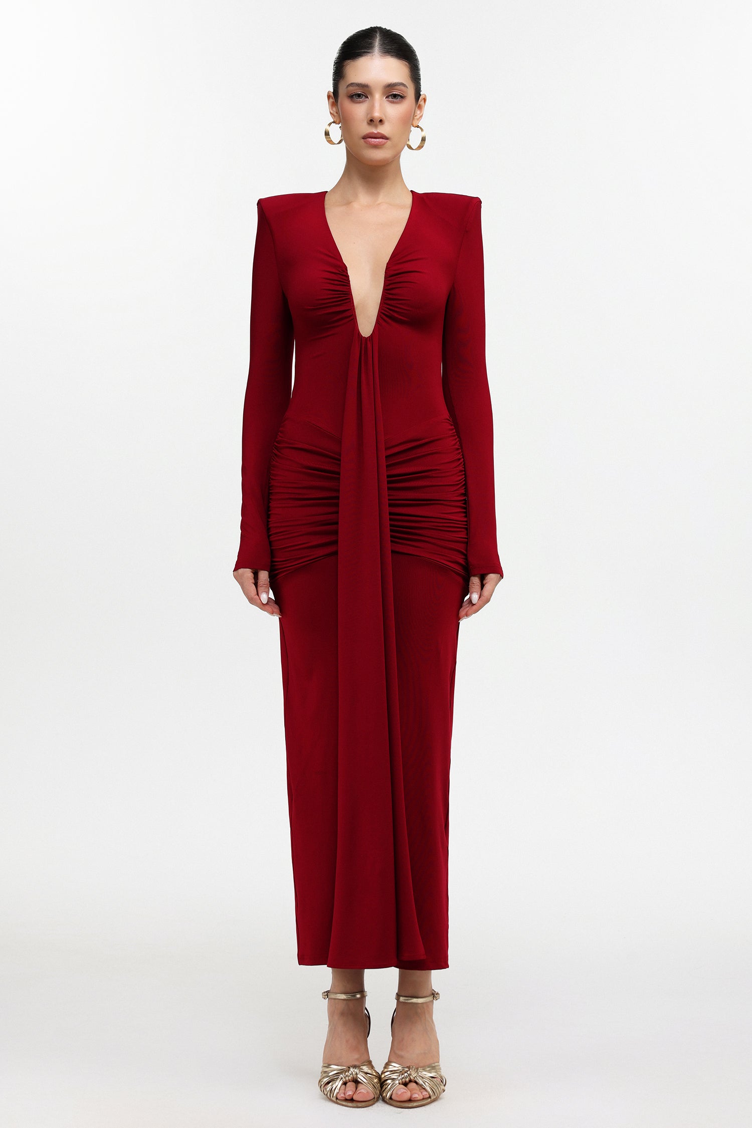 Dixie Sexy Contour Long Sleeve Deep V Ruched Knit Maxi Dress	