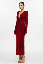 Dixie Sexy Contour Long Sleeve Deep V Ruched Knit Maxi Dress	