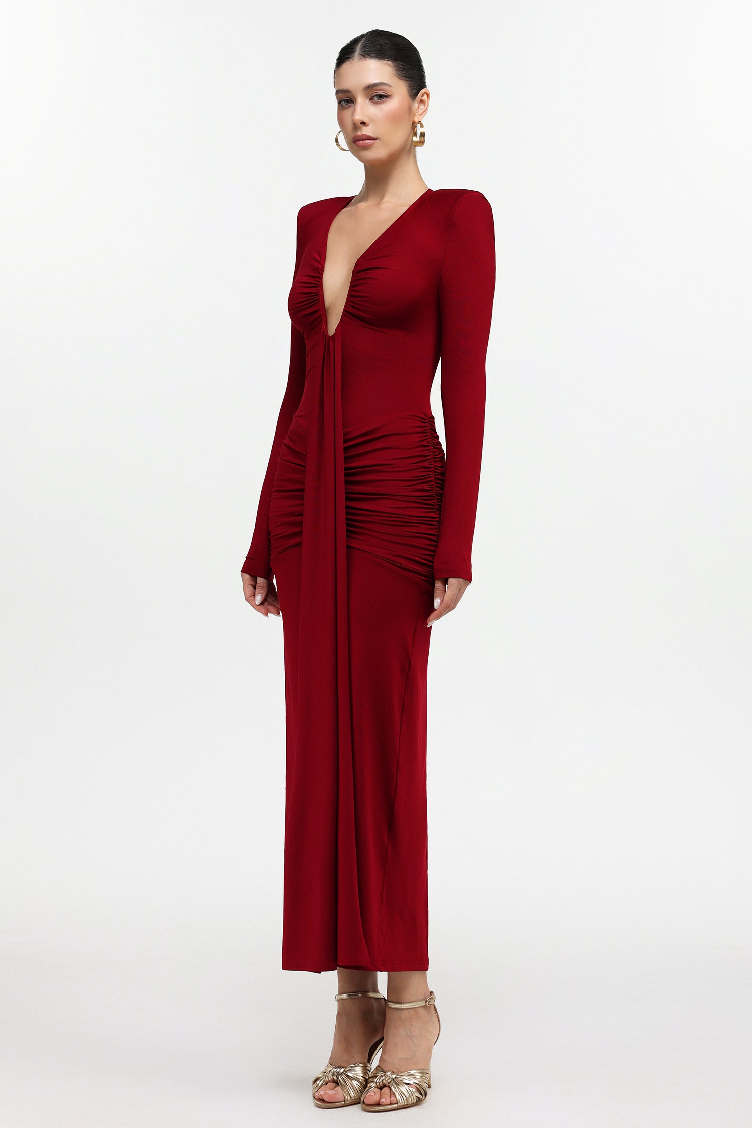 Dixie Sexy Contour Long Sleeve Deep V Ruched Knit Maxi Dress	