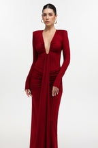 Dixie Sexy Contour Long Sleeve Deep V Ruched Knit Maxi Dress	