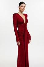 Dixie Sexy Contour Long Sleeve Deep V Ruched Knit Maxi Dress	
