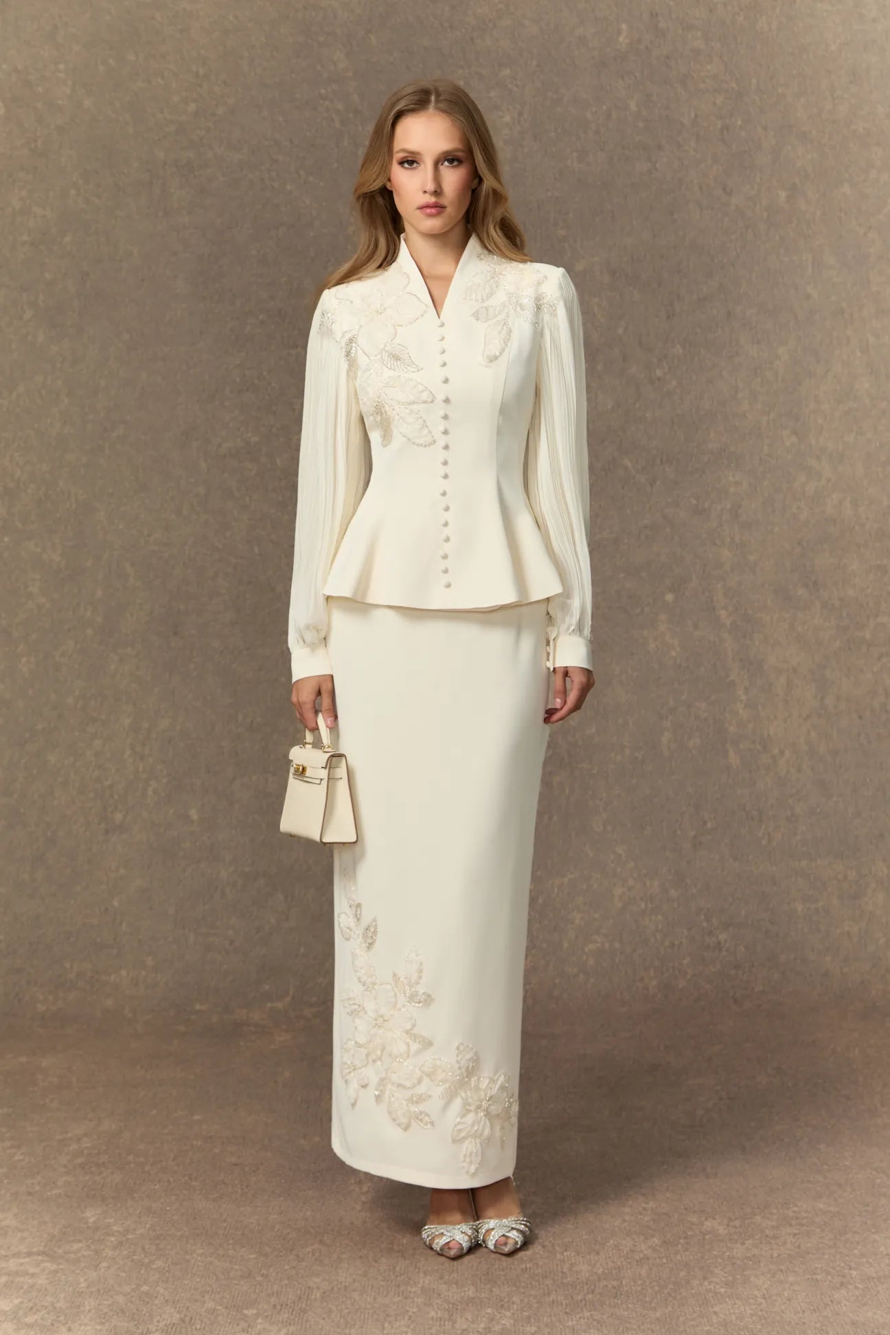 Diana Embroidered Peplum Skirt Set-White