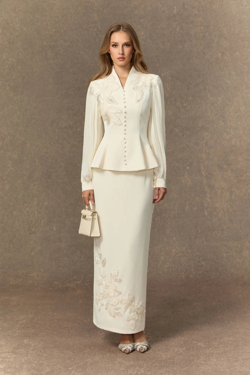 Diana Embroidered Peplum Skirt Set-White