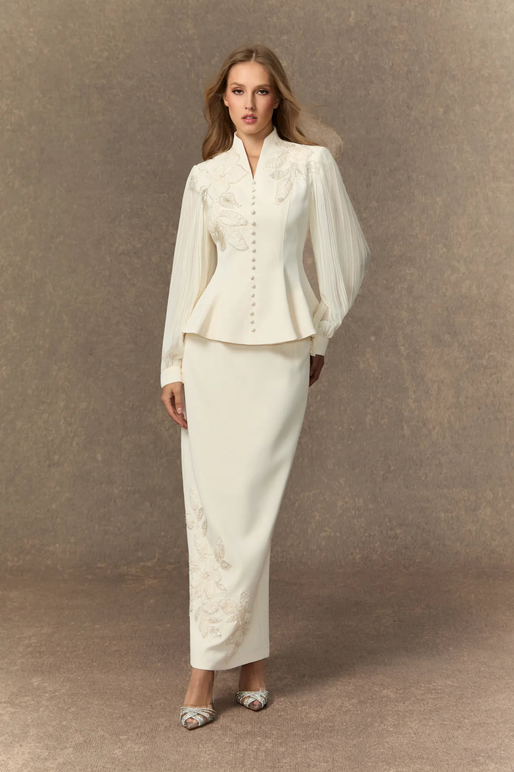 Diana Embroidered Peplum Skirt Set-White