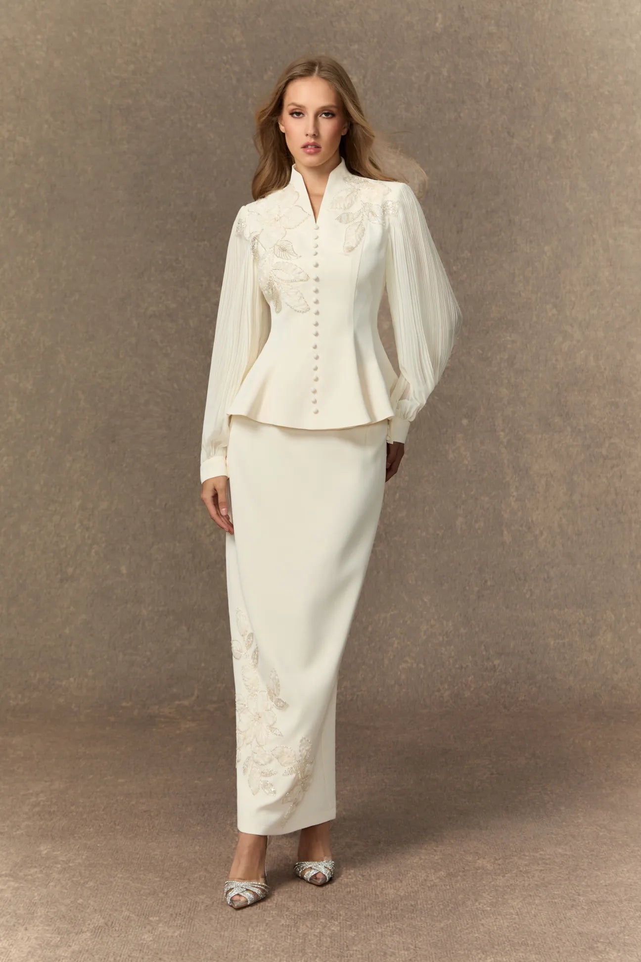 Diana Embroidered Peplum Skirt Set-White