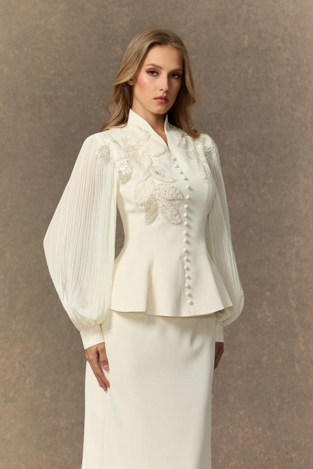 Diana Embroidered Peplum Skirt Set-White