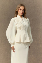 Diana Embroidered Peplum Skirt Set-White