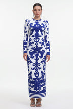 Round Neck Long Sleeve Jacquard Bandage Maxi Dress	