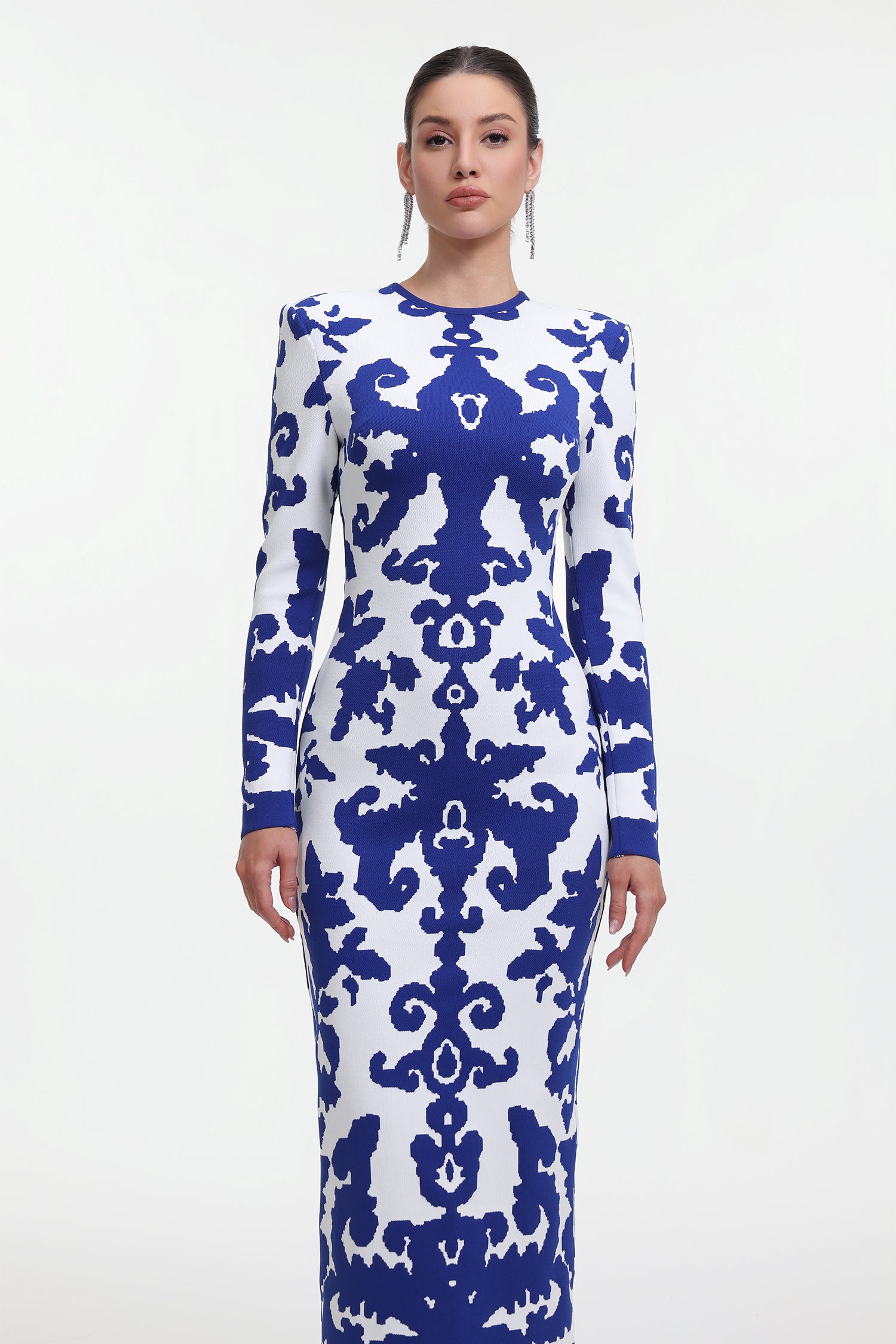 Round Neck Long Sleeve Jacquard Bandage Maxi Dress	