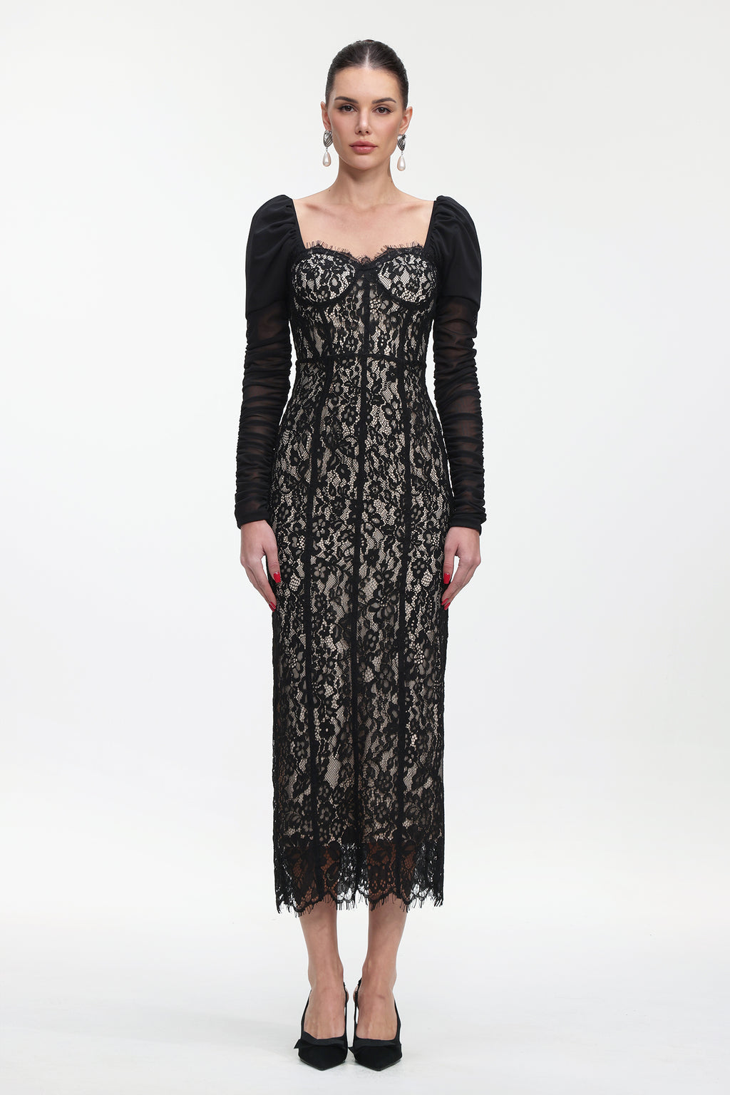 Fenby Contour Long Sleeve Ruched Lace Maxi Dress	