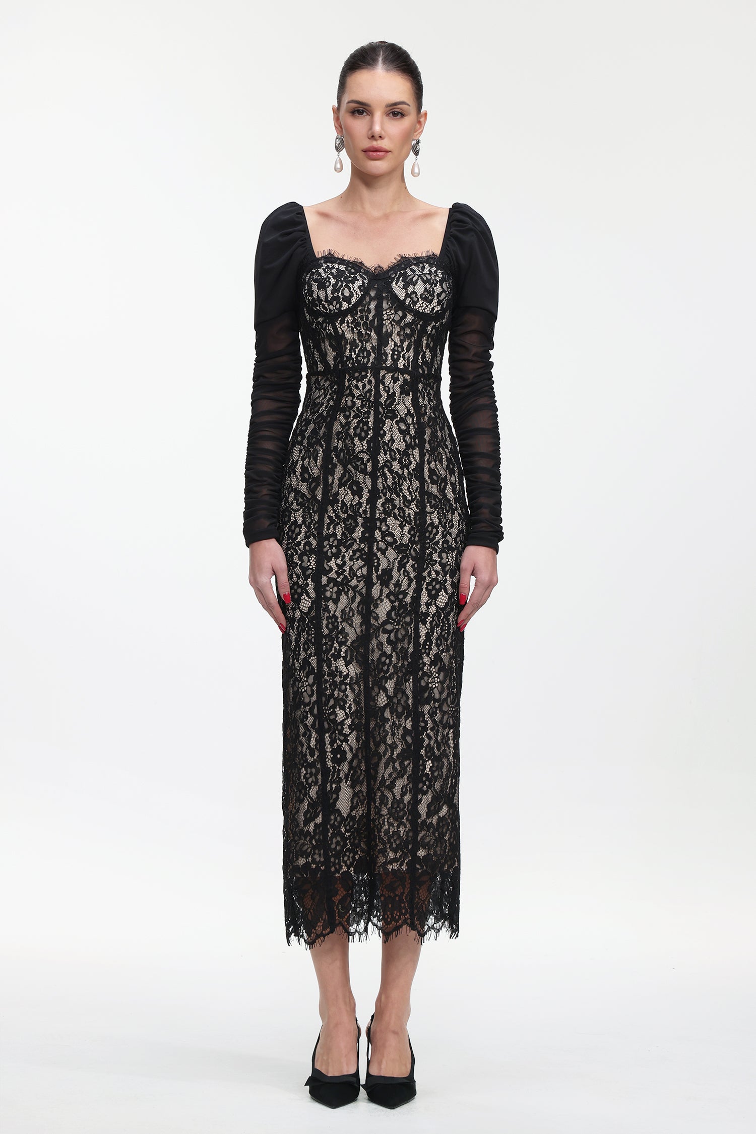 Fenby Contour Long Sleeve Ruched Lace Maxi Dress	