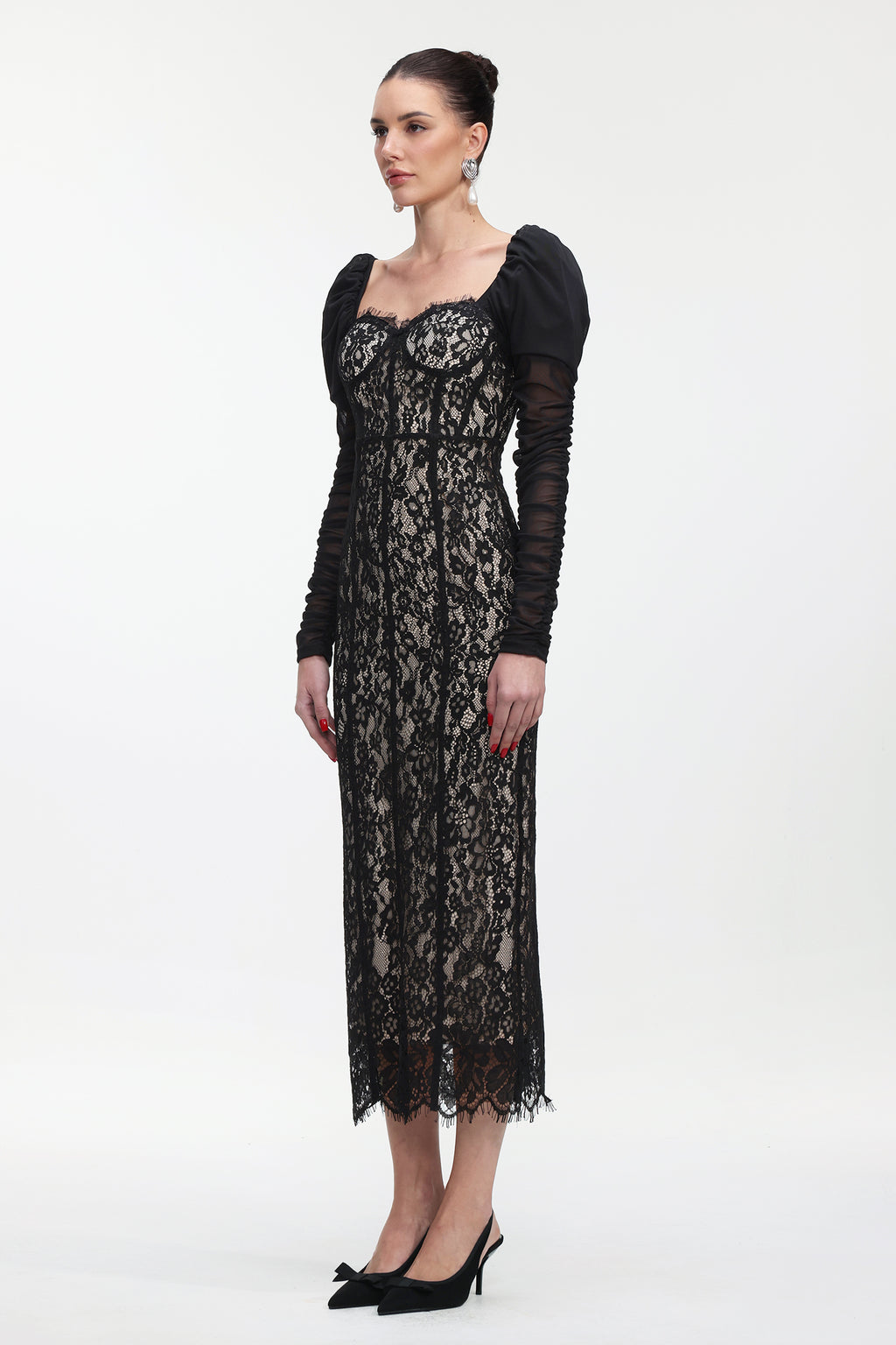 Fenby Contour Long Sleeve Ruched Lace Maxi Dress	