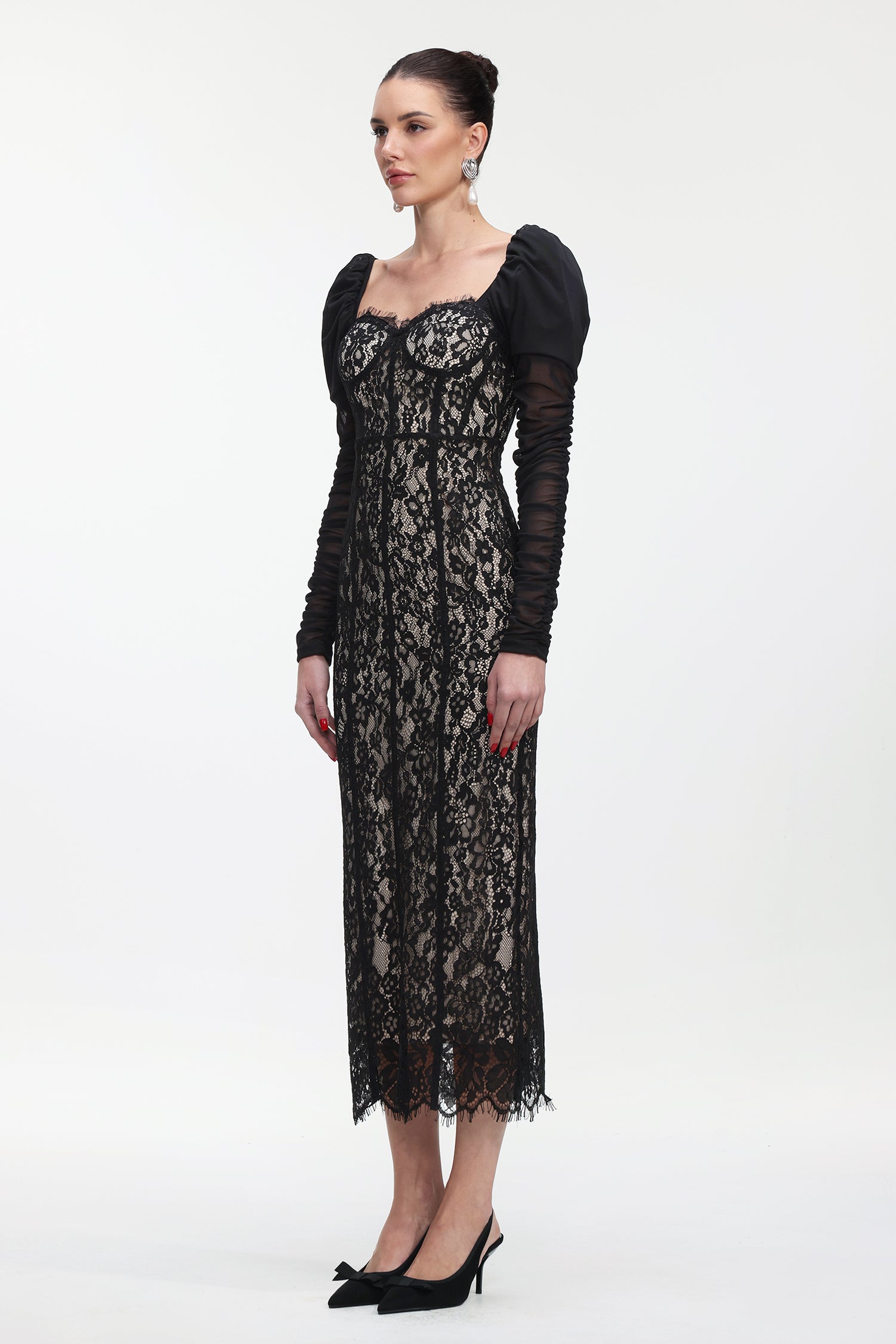 Fenby Contour Long Sleeve Ruched Lace Maxi Dress	